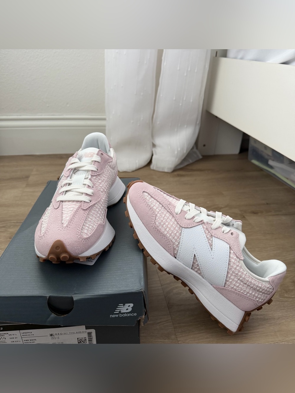 New Balance 327 Pink White Plaid Sneakers